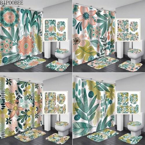 Green Plants Bathroom Curtains Set Leaves Flowers Bath Rugs Mats Toilet Cover Branches Pattern Fabric Shower Curtain with Hooks