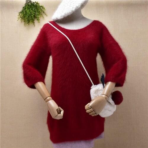 Ladies women fashion plush mink cashmere knitted half puff sleeves slim blouses pullover angora fur winter jumper dress sweater