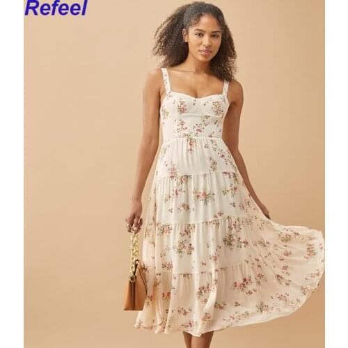 Summer Dress 2021 Women Sweet Flower Print Sleeveless Vestido Mujer Prairie Chic Holiday Party Chiffon Dress Midi Robe