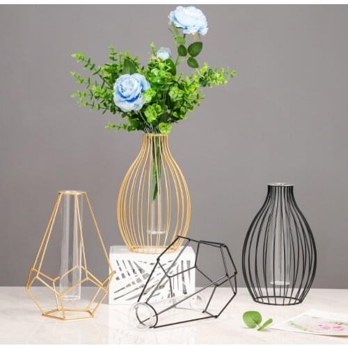 1Pc Nordic Glass Iron Geometric Hydroponic Vase Minimalist Home Desktop Decorative Hollow Out Flower Pot