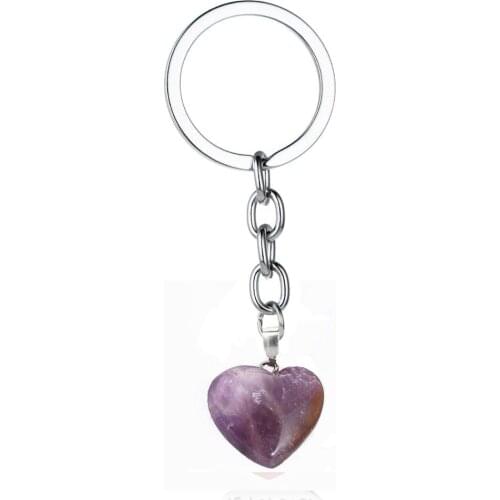 12PC Purple Natural Stone Keychains Love Heart Charm Pendant Key Chains Women Men Romantic Engagement Gifts Jewelry Accessories