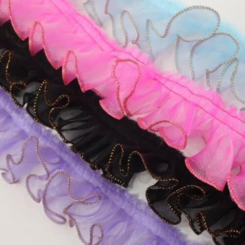30yards 5.5cm Wide Gold Edge Ruffle Lace Pleated Organza Ribbon Trim Fabric DIY Collar Doll Dress Crafts Material