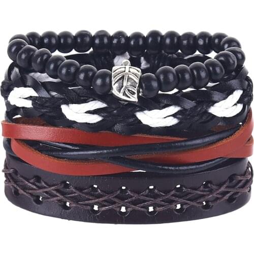 4pcs/set hippie punk black red dark brown leather braiding rope leaf charm onyx beads stackable Bracelets Bangles for man