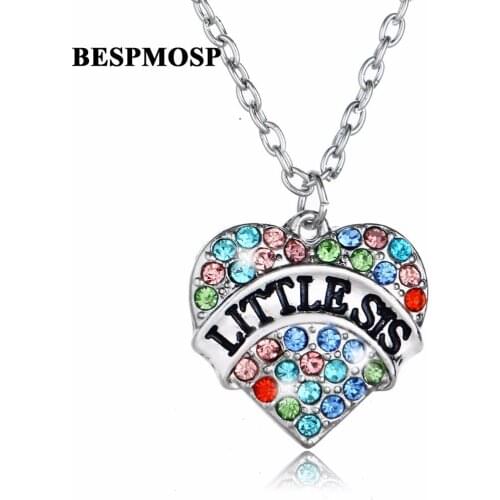 Bespmosp 24PCS/Lot Wholesale Little Sis Multi-Colored Crystal Pendant Necklace Fashion Women Sis Jewelry Gift For Family Girl