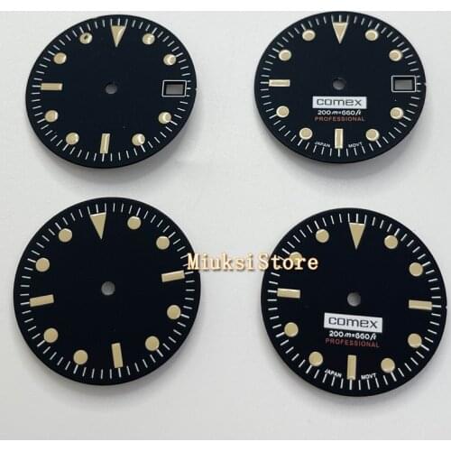 28.5mm Black Watch Dial Yellow Marks With Date Window For NH35 NH36 Movement Fit Case Crown At 3 o'clock