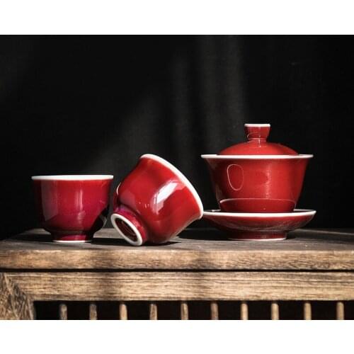 Lang Red Tea Set Ceramic Cups Sancai Tureen Kung Fu Tea 1 Tureen 2 Cup Set of Tea Porcelain Tea Set Japanese Tea Set Gaiwan