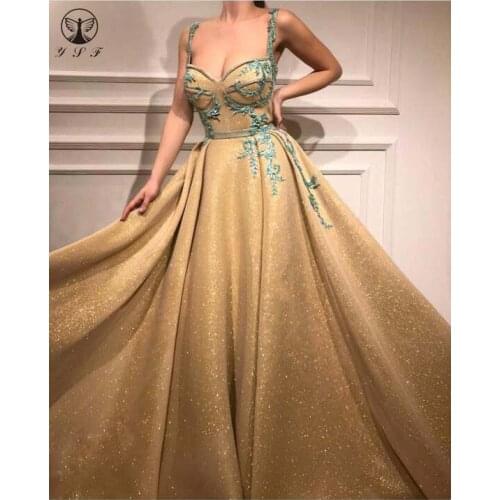 Fashion Sweetheart Spaghetti Strap Appliqued Beaded Sleeveless Floor Length Gold Prom Dresses 2019