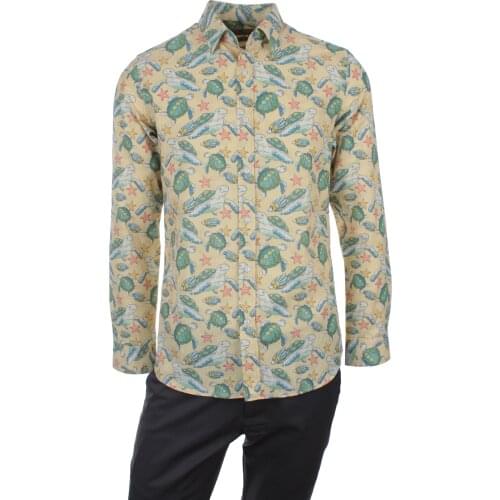 Gentilbay Mens Tortoise Fish Printed Yellow Slimfit Long-Sleeve Sport Shirt DPD141