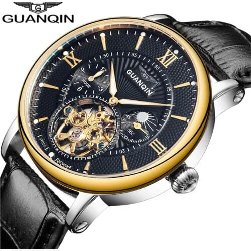 Business Men Tourbillon Automatic Mechanical Watch Moon Phase Time Display Casual Luminous Hands Waterproof Male Watches 2019