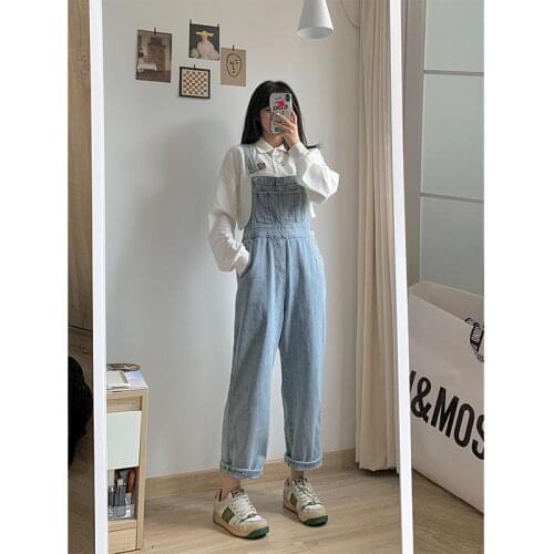 Small Cute Japanese Denim Jumpsuits Student Light Blue Overalls Korean Loose Straight Trousers Women