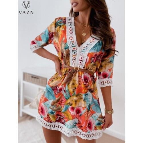 VAZN 2021 Early Autumn Indie Folk Daily Young V-Neck Half Sleeve High Waist Braid Straight Mini Dress Womens Dress