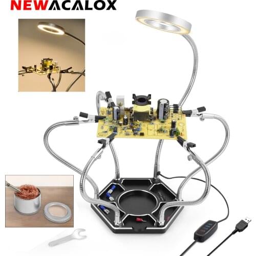 NEWACALOX Soldering Helping Hand Third Hand Tool with 3X LED Magnifying Glass 6Pcss Iron Flexible Arms PCB Holder Repair Tool