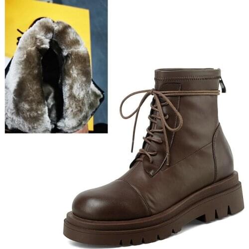 Salu Fashion Ankle Boots Women Winter Snow Boots Genuine Leather Fur Shoes Woman Thick Heels Lace-up Black Brown Boots Size33-43