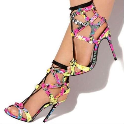 Floral Pattern High Heel Lace Up Sandals Open Toe Hollow Stiletto Sexy Shoes Woman Rome Shoes Narrow T Strap Tied Footwear