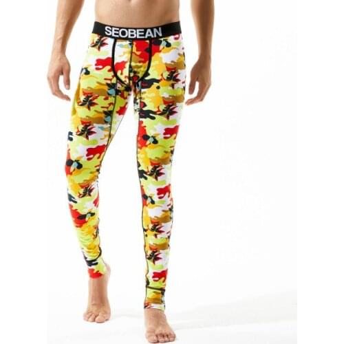 Seobean Sexy Long Johns Pants Men Thermal Underwear Cotton Printed Mens Thermo Underwear Sleeping Bottoms Leggings Pant Low Rise