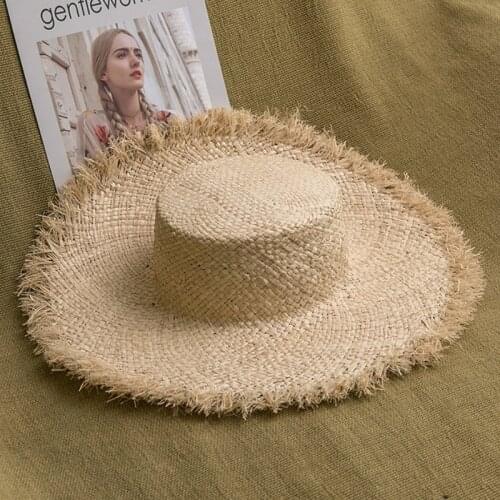 100% Handmade Natural Raffia Hats Women Flat Top Wide Brim Straw Hat Beach Hat Lady Holiday Panama Sun Protection Sun Hat