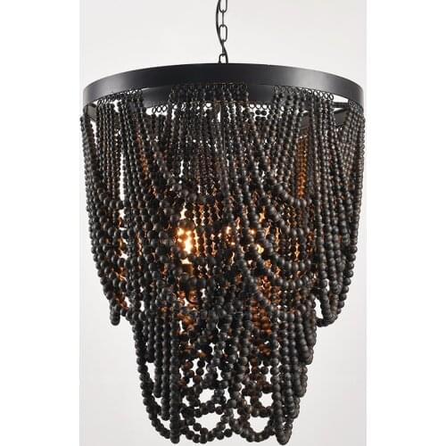 Vintage Black coffee color beads chandelier wooden beaded lighting retro white lamps in foyer living room kitchen bedroom lights