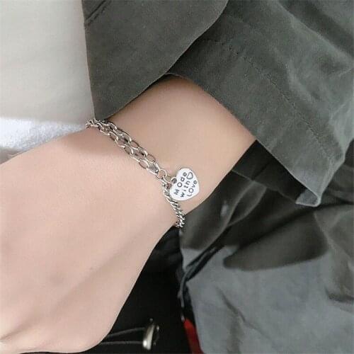 Vintage Simple English Letter Heart Thai Silver Charm Bracelet 925 Sterling Silver Splicing Chain Bracelets For Women Jewelry