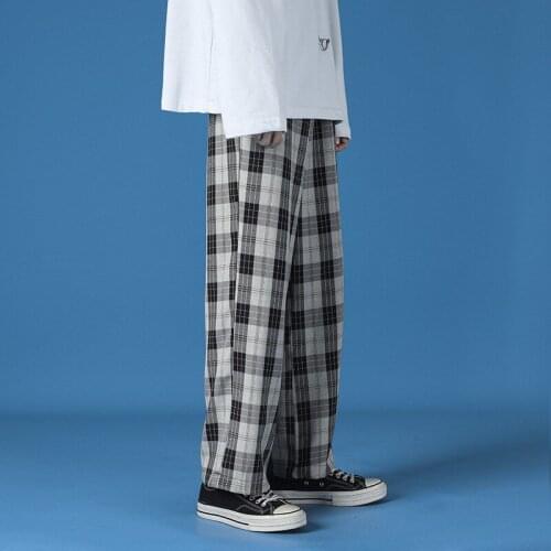 Japanese Fashion 2021 Straight Plaid Trousers Men Casual Trousers LOOSE High Street Men Pants Streetwear Mens Hip Hop Clothing