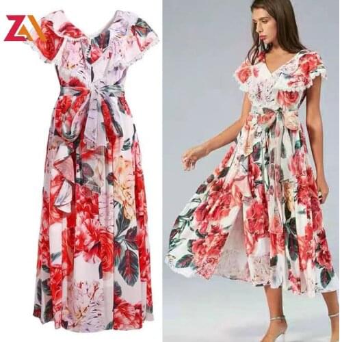 ZALady Designer Runway Party Night Dress Women Elegant Ruffles Lace Up V-neck Summer Bow sexy Beach Holiday Midi Long Dress Robe