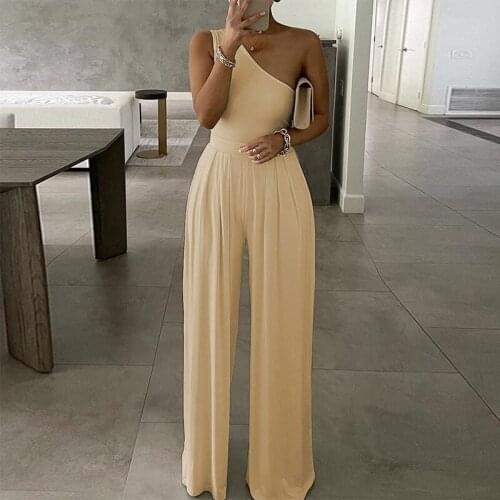 Women Sexy One Shoulder Solid Jumpsuit Spring Elegant Wide Leg Pants Playsuit 2021 Summer Sleeveless Loose Beach Overalls Romper