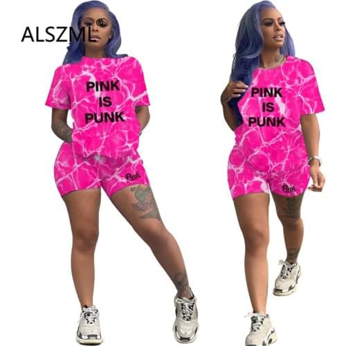 Pink O Neck Short Sleeve Letter Print Crop Top And Hot Short 2 Pieces Set Casual Lady Fashion Tracksuits