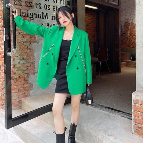 2021 Spring Autumn New Zipper Blazer Women Streetwear Korean Loose Fried Street Female Suit Coat Green Casual Outwear Ropa Mujer