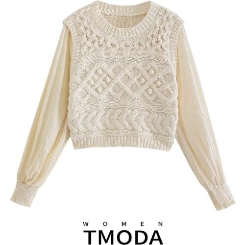 TMODA2037 Za 2021 Autumn Summer Women Sweet Stitching Jacquard Sweater Female Round Neck Knitted Long Sleeve Knitwear Tops