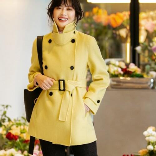 Winter and autumn coat women woman clothes 2019 winter Fashion yellow belt Double-sided wool Double-breasted short coat female
