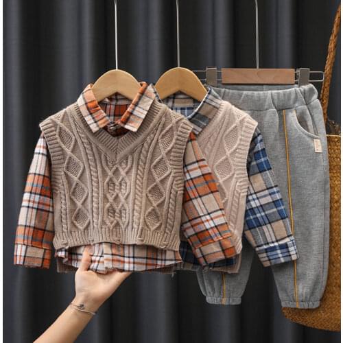 New Children Fashion Baby Boy Gentleman Sweater Plaid Vest Shirt Pants 3Pcs/Set Kids Infant Clothing Toddler Tracksuit 0-5 YEARS
