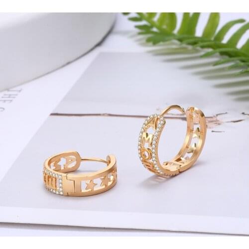 Gold Color Hoop Earrings for Women Ear Clip AMORE Stars Round Charm Letter Earring CZ Zirconia Jewelry Lover Elegant Accessories