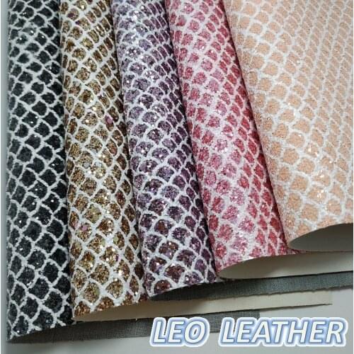 1PCS 21X29CM Synthetic Letaher, Fine Glitter Leather with Printed Fish Scales Mermaid Grain For DIY Accessories S168A