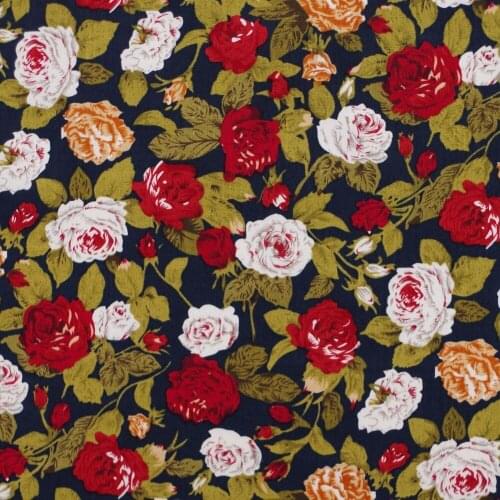 1 yard Cotton Poplin Fabric for sewing pathwork, dress, cloth, bedding - Flowers on deep blue background (width=140cm)