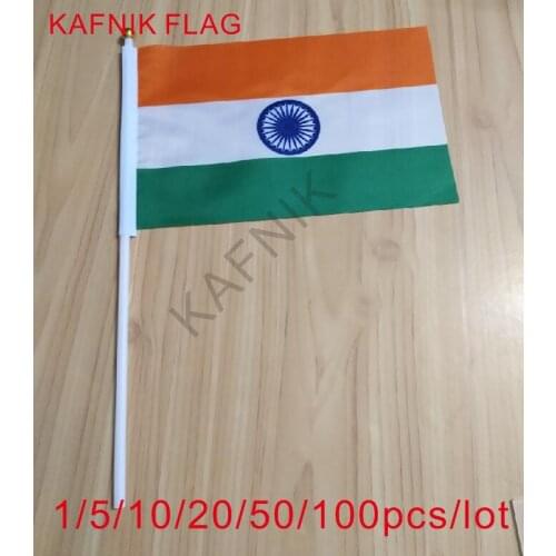 KAFNIK ,10/20/50/100pcs the Small India flag 14*21CM India Flag the hand national flag with Pole Handing flag