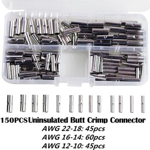 150Pcs Tin-coated Copper Material Uninsulated Terminal Bootlace Ferrules Cord End Electrical Cable Crimp Connector AWG 22-10