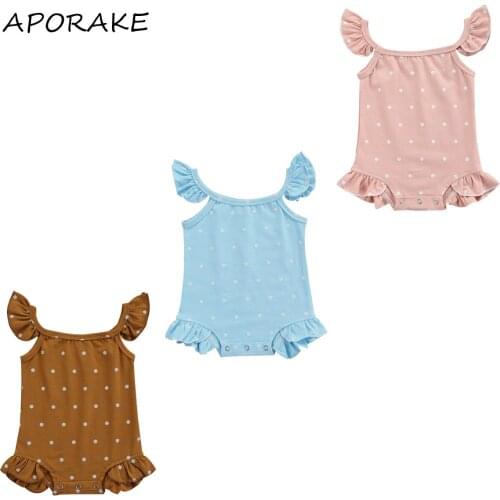 2021 0-18M Sweet Baby Girl Romper Kids Polka Dots Print U-Neck Fly Sleeve Jumpsuit Playsuits for Summer Cotton Clothes Outfit