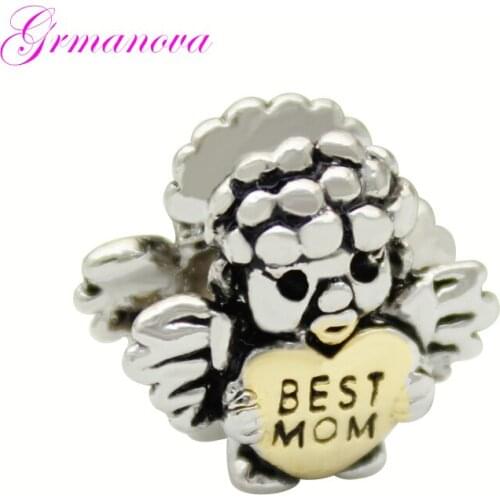 Best Mom Golden Heart Shaped Angel European Big Hole Charm Beads Amulet Fit Pandora Bracelet Womens DIY Jewelry