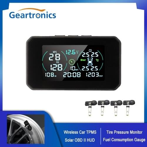Wireless Car TPMS OBDII HUD Solar USB Charging Tire Pressure Monitor Clock Speedometer MPG Fuel Consumption Gauge 4 Sensors