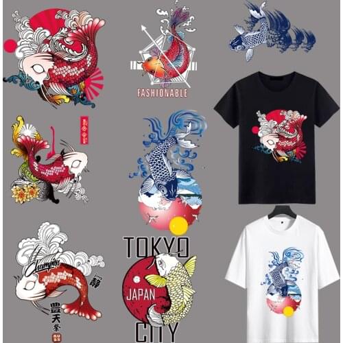 Large patch japanese cartoon tiger fish iron on stickers patches for clothing heat transfer t-shirt jean applique ropa big size