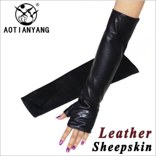 Long Sheepskin Gloves Genuine Leather Womens Fingerless Half Finger Arm Cover Long Sleeve Cover Autumn Winter Warm Arm Sleeves