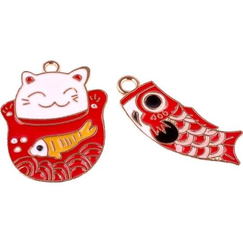 2pcs Enamel Cat Fish Chinese New Year Holiday Charms Pendants For Ornament Pendants Decoration Jewelry Making