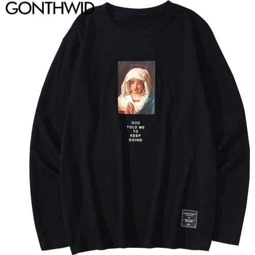 GONTHWID Virgin Mary Print Long Sleeve Cotton Tees Shirts Streetwear Mens Harajuku Hip Hop Fashion Casual Tshirts Tops Male