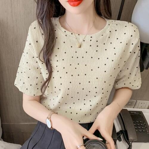 Polka Dot O-Neck T-Shirt Female Short Sleeve T Shirt Women 2021 Cotton Summer Tops Korean Fashion Woman Clothes Tee Shirt Femme