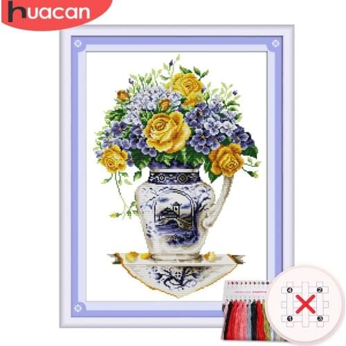 HUACAN Embroidery Cross Stitch Flower In Vase Kits Rose Floral Sets White Canvas DIY Gift Home Decoration Needlework 11CT 14CT