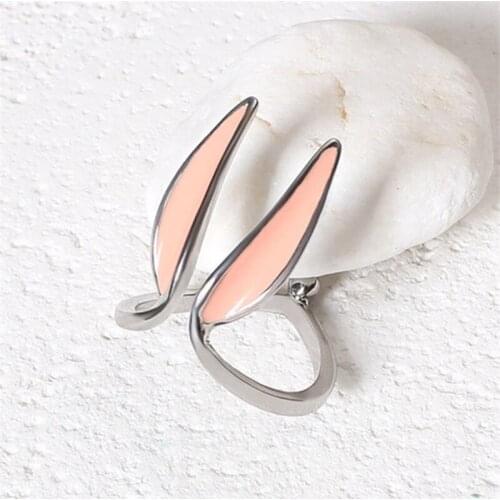 2021 New Arrival Cute Romantic Wide Big Animal Rabbit Open Rings For Girls Tibetan Silver Pink Color Sweet Unusual Long Ear Ring
