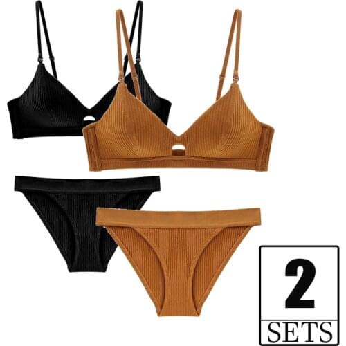 2 Piece Sets Triangle Bralettes For Women Wireless Cross Back Cotton Underwear Push Up Girls Bra And Panty Set Lingerie Orange