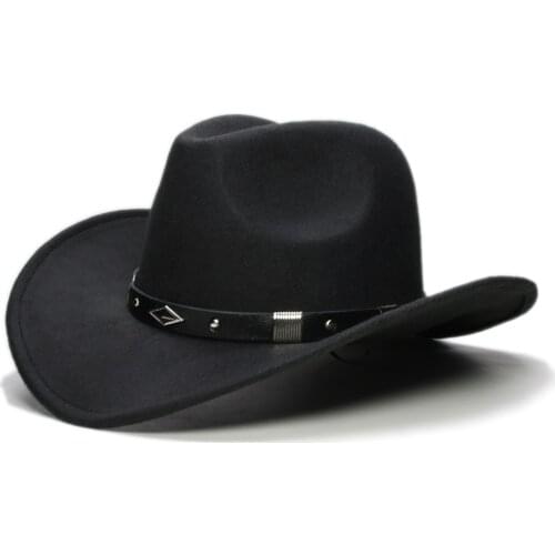 Retro Geometry Leather Band Parent-child Unisex /Kid Wool Wide Brim Cowboy Western Hat Cowgirl Bowler Cap (61cm/57cm/54cm)