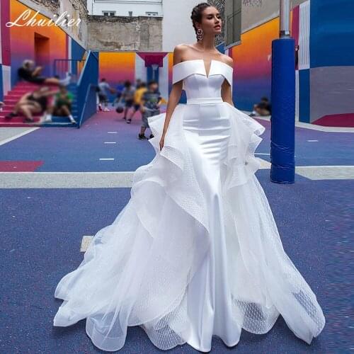 Lhuilier Elegant Boat Neck Mermiad Satin Wedding Dress 2020 Off Shoulder Floor Length Bridal Dress with Lace Detachable Train