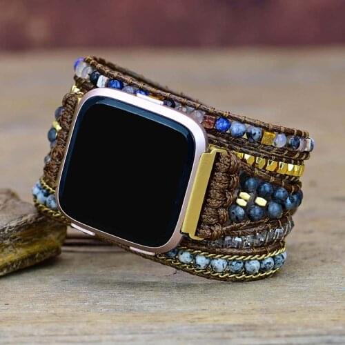 Fashion Natural Stone Fitbit Versa 2 Watch Band Wax Rope Unique Black Labradorite Stone 5 Wrap Fitbit Watch Strap Dropshipping