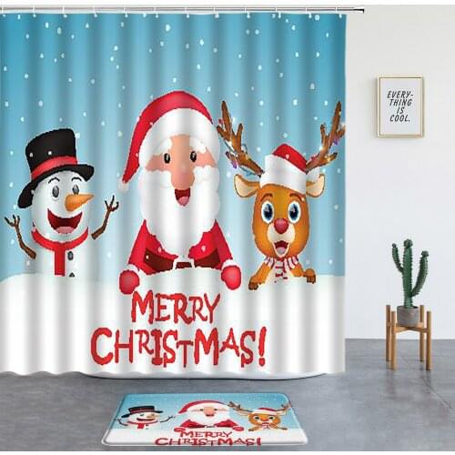Christmas Shower Curtains Set Santa Claus Snowman Elk Non-slip Rugs ​Festival Bathroom Decor Screen Bath Mats Entrance Door Mat